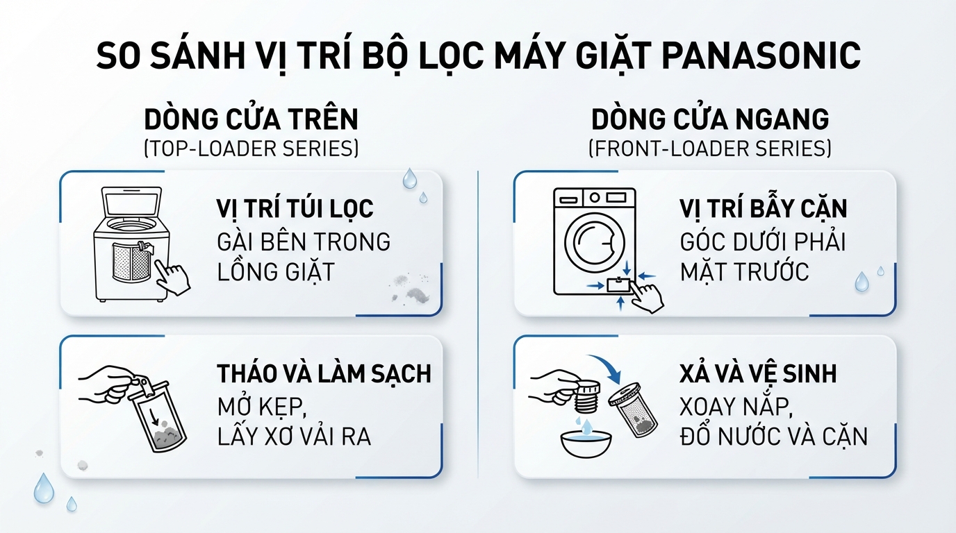 Vị trí túi lọc chuẩn cho cách vệ sinh lưới lọc máy giặt panasonic hiệu quả.