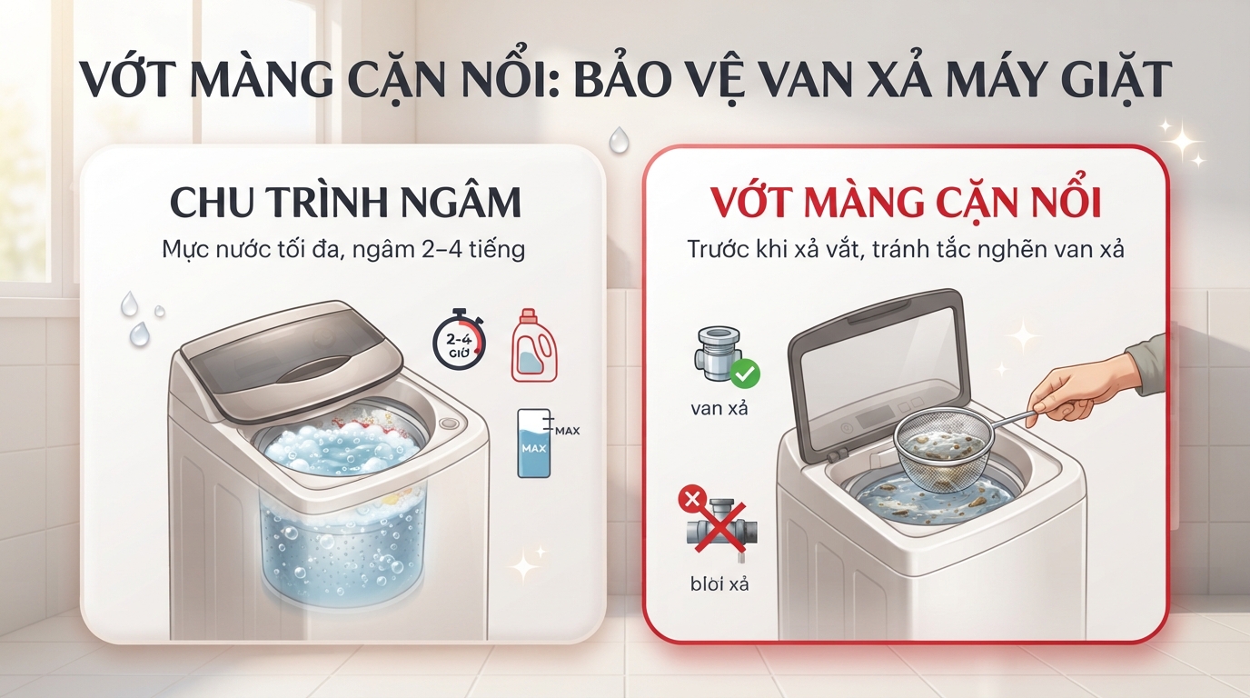 Vớt sạch màng cặn nổi trong chu trình ngâm trước khi xả giúp bảo vệ van xả. Vớt sạch màng cặn nổi trong chu trình ngâm trước khi xả giúp bảo vệ van xả.