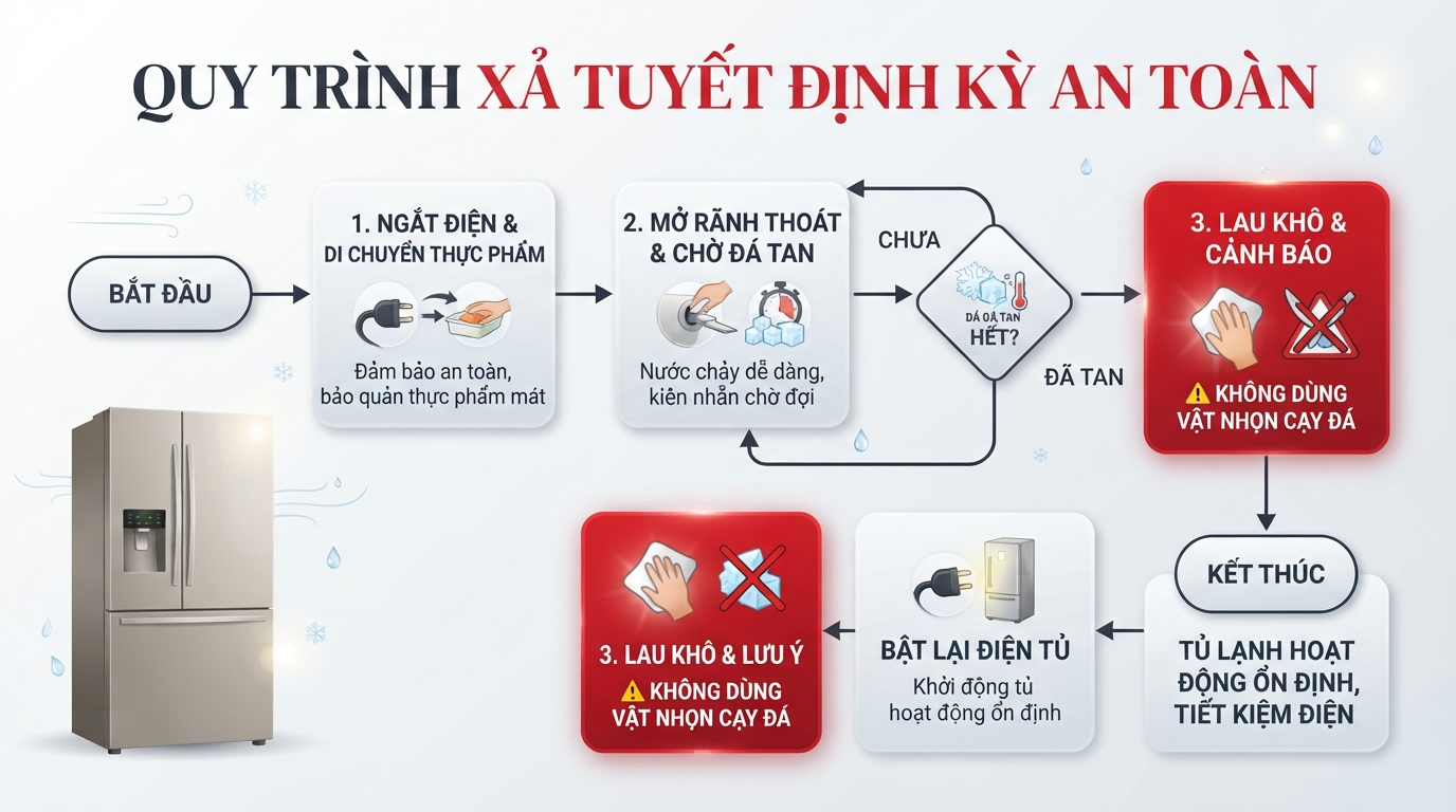 Xả tuyết đúng định kỳ giúp tiết kiệm điện và bảo vệ dàn lạnh hiệu quả. Xả tuyết đúng định kỳ giúp tiết kiệm điện và bảo vệ dàn lạnh hiệu quả.